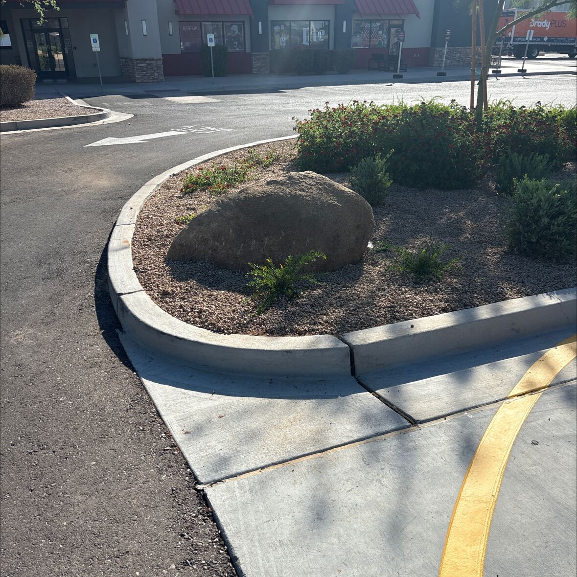Finished commercial landscape planter with boulders and shrubs