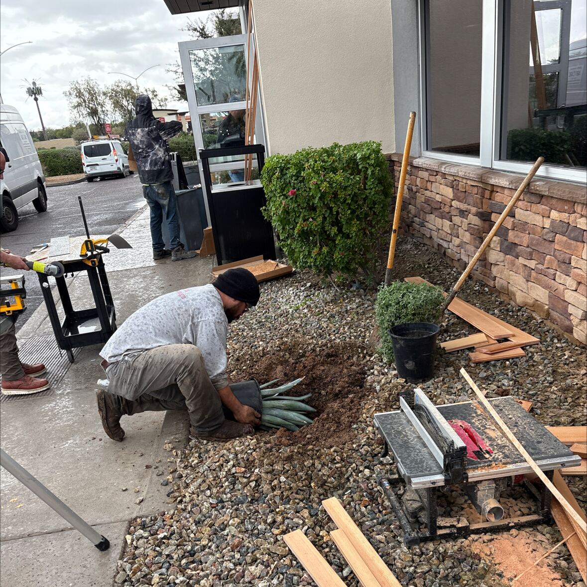 Crew planting new desert shrubs at commercial property