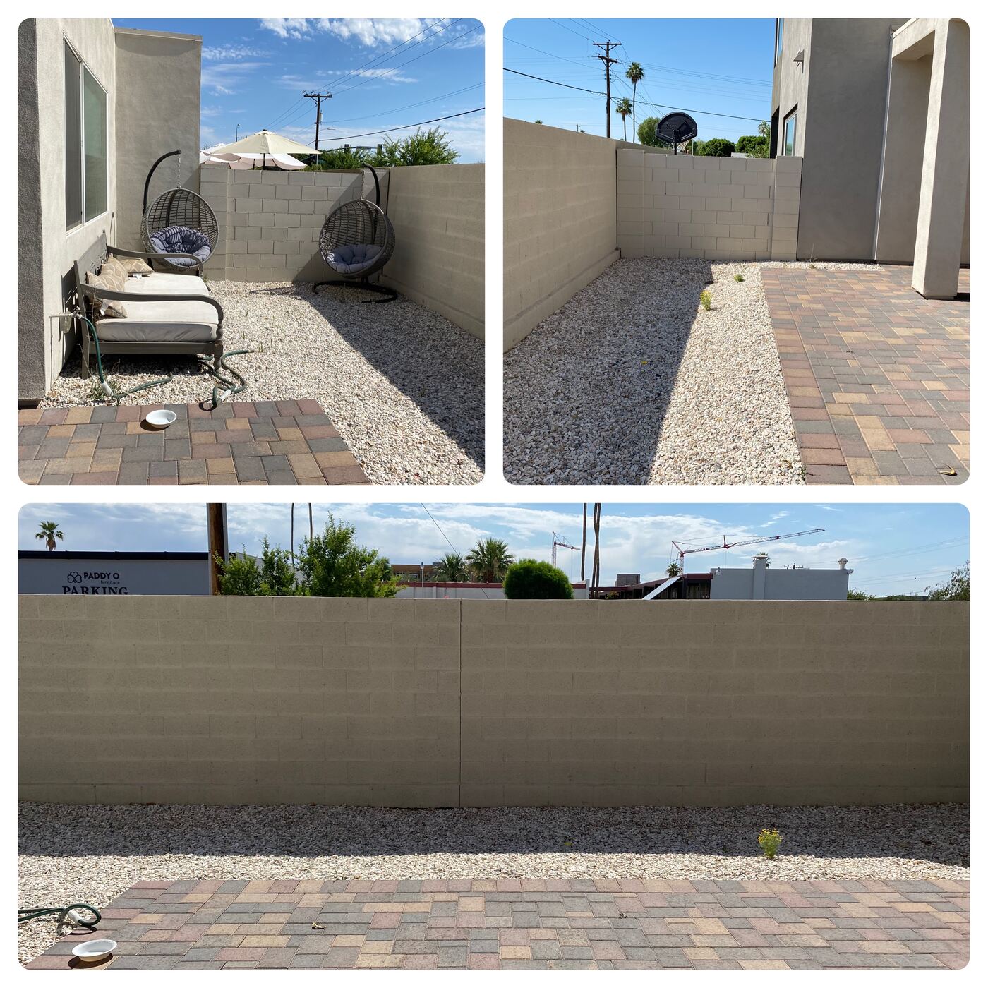 Residential backyard with pavers, gravel and artificial turf installed by Arizonora Landesign